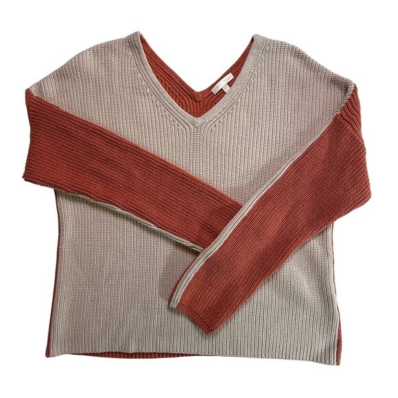 Lisa Todd Cotton Colorblock Sweater V-Neck Taupe Rust Knit Pullover Size M - Picture 1 of 11